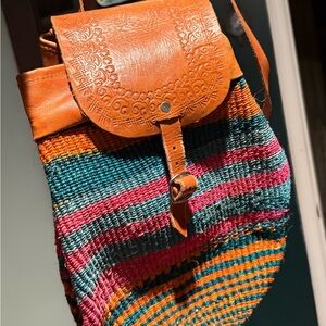 Handcrafted Leather and Woven Multicolor Backpack